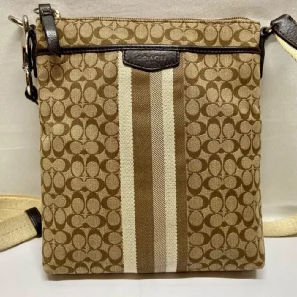 Coach Signature Stripe North/South Swingpack F51648 Cream Khaki Brown‎ Crossbody